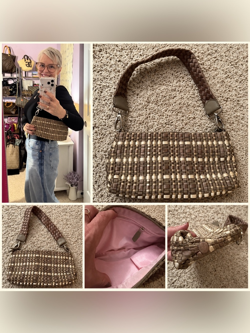The Sak Woven Brown & Cream Shoulder Bag with Pink Lining